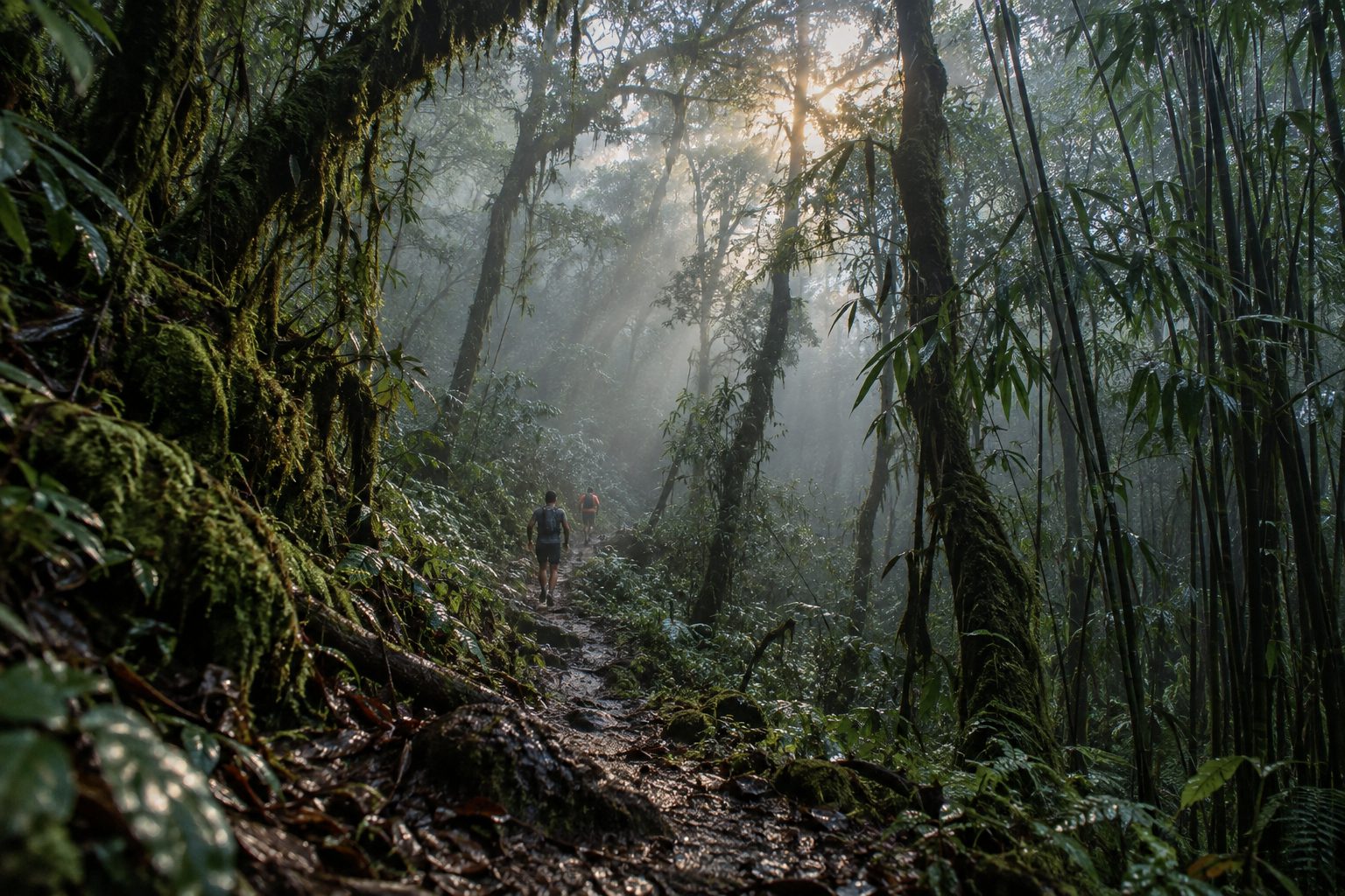 Two runners on a misty forest trail among tall bamboo