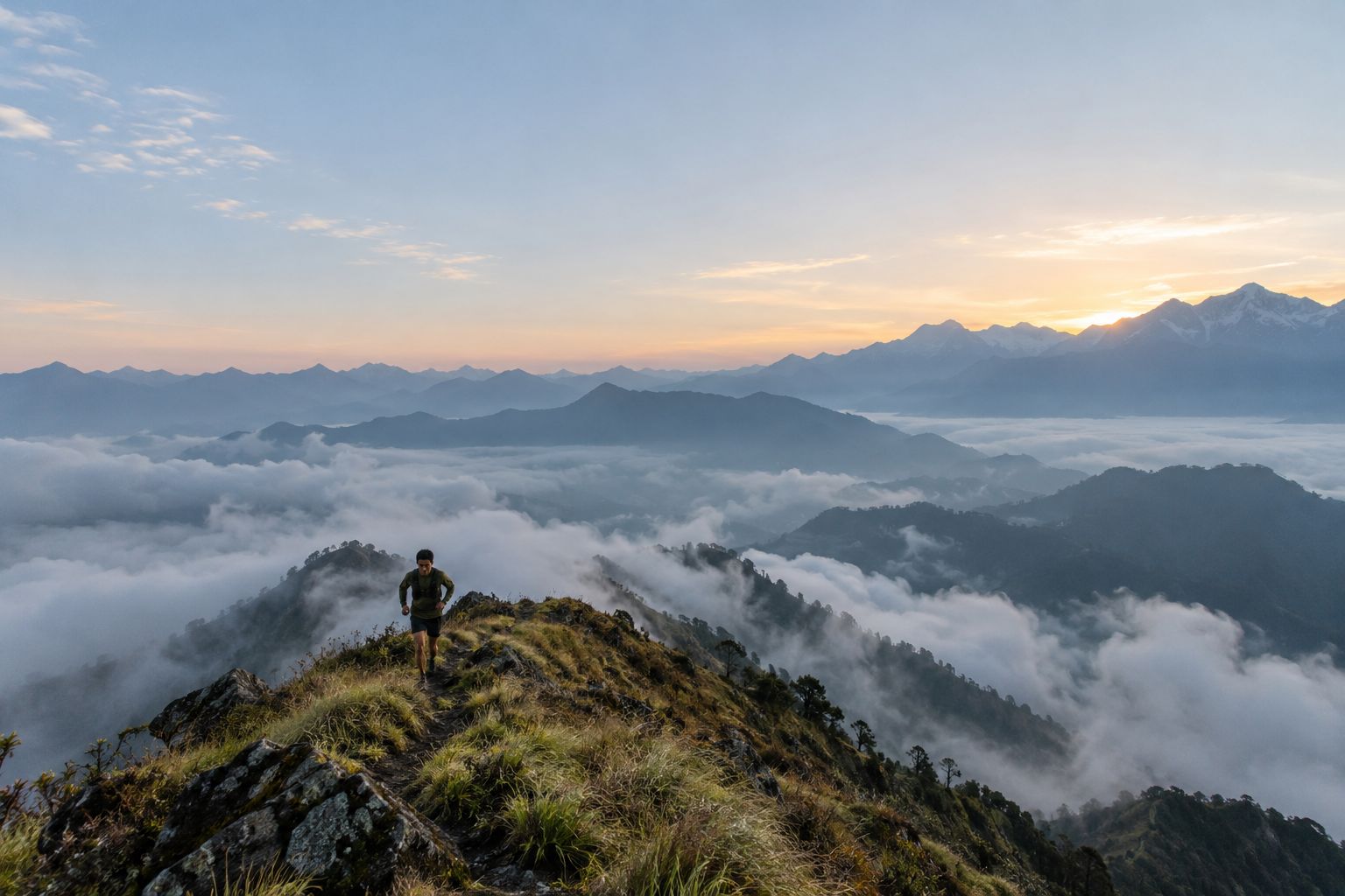 A lone trail runner on a high ridge above a sea of cloud at dawn