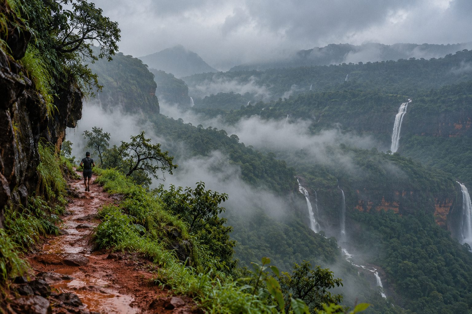 A runner on a Western Ghats cliff path in the monsoon