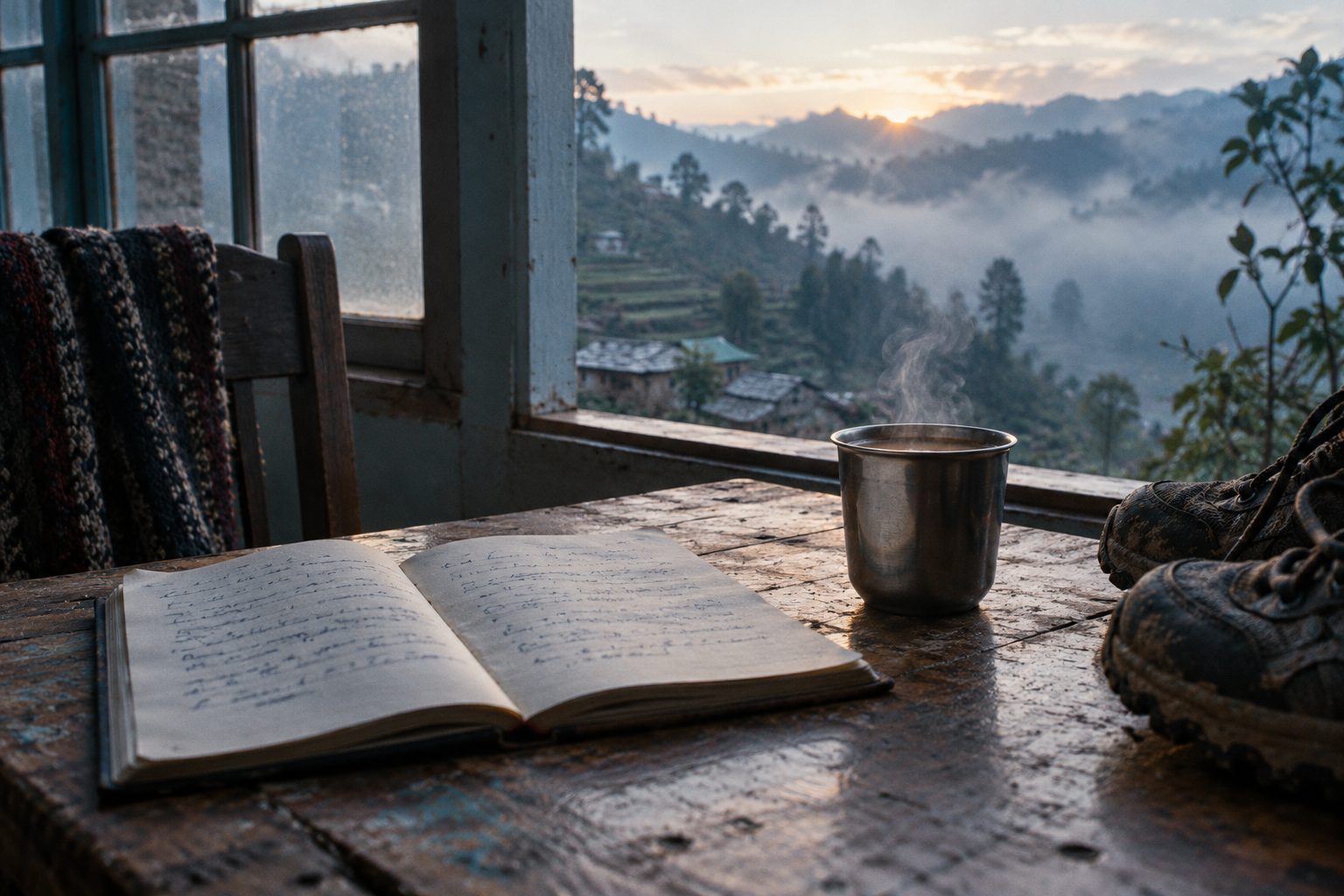An open notebook, a cup of chai and muddy trail shoes