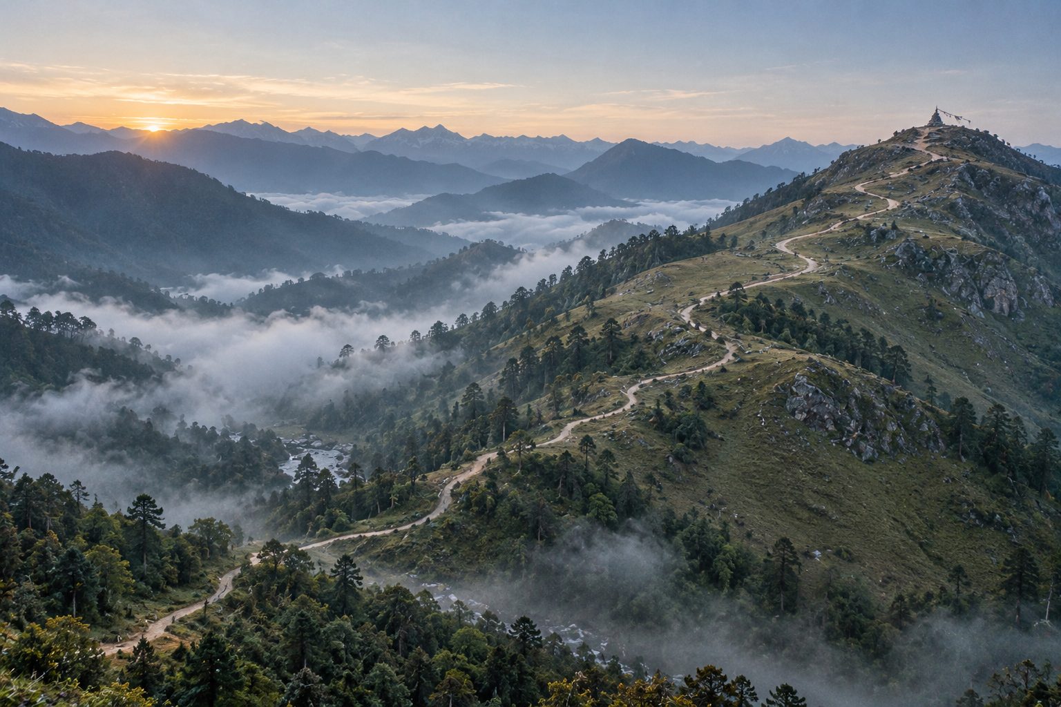 A long trail climbing from a forested valley to a bare summit at dawn