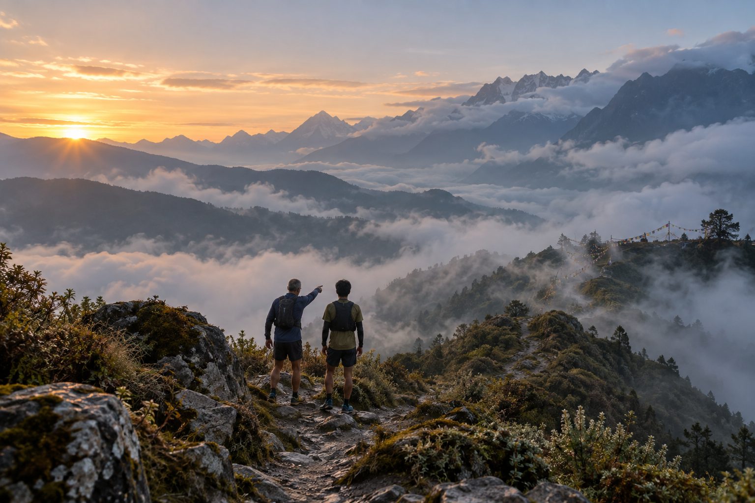 An older runner pointing out the path ahead to a younger runner at sunrise