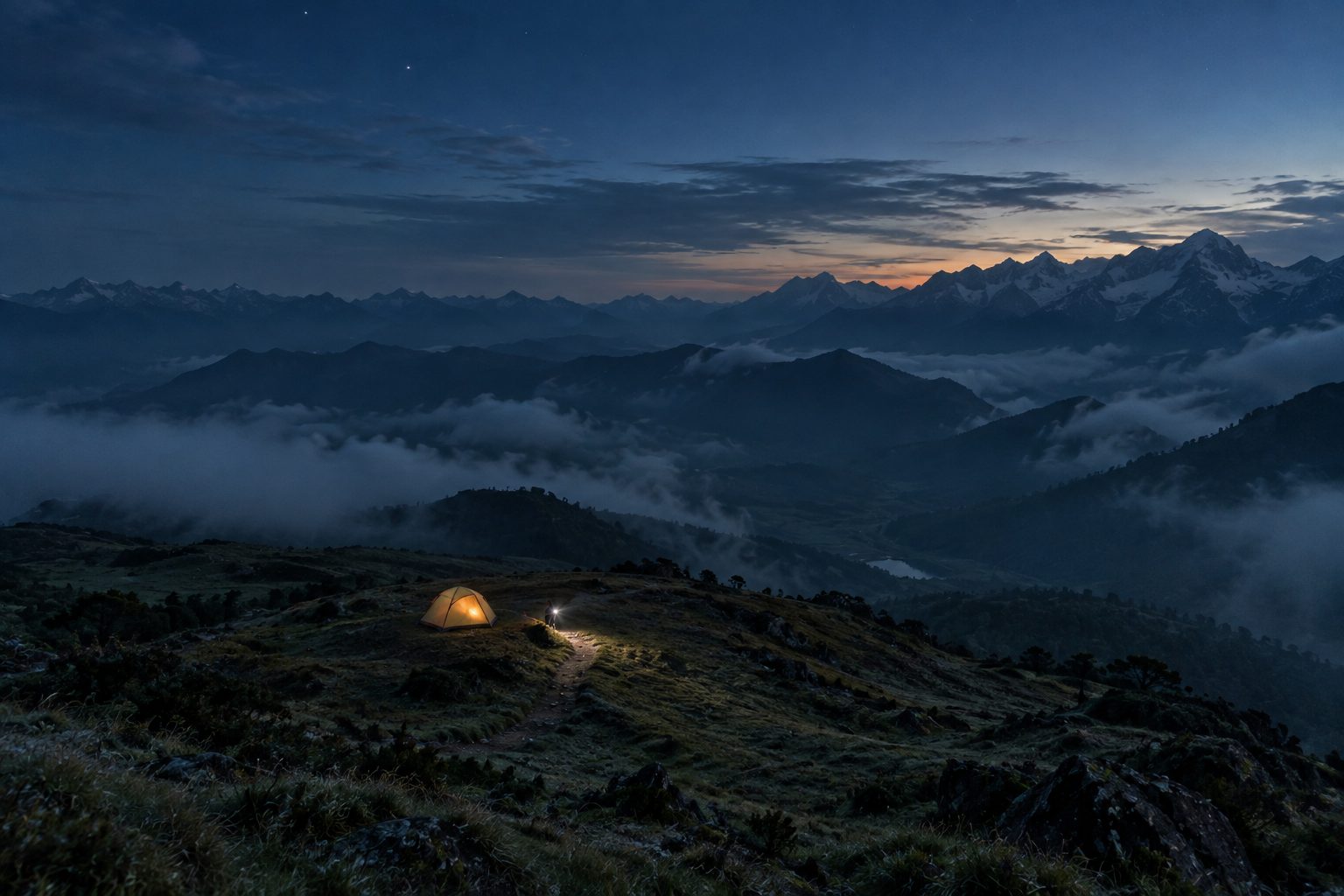 A lit tent and a headlamp on a high meadow before dawn