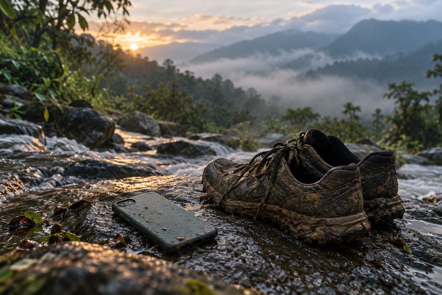 A phone lying face down on a wet rock beside muddy trail shoes