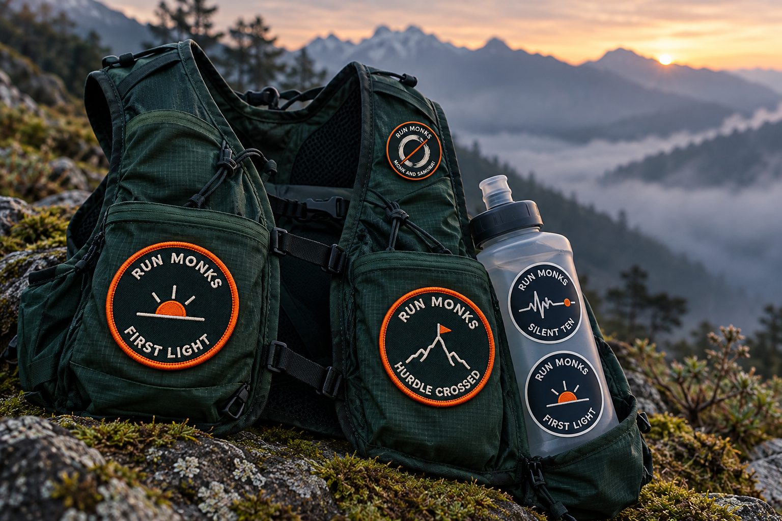 A trail running vest with Run Monks patches, a pin and stickers at a misty trailhead