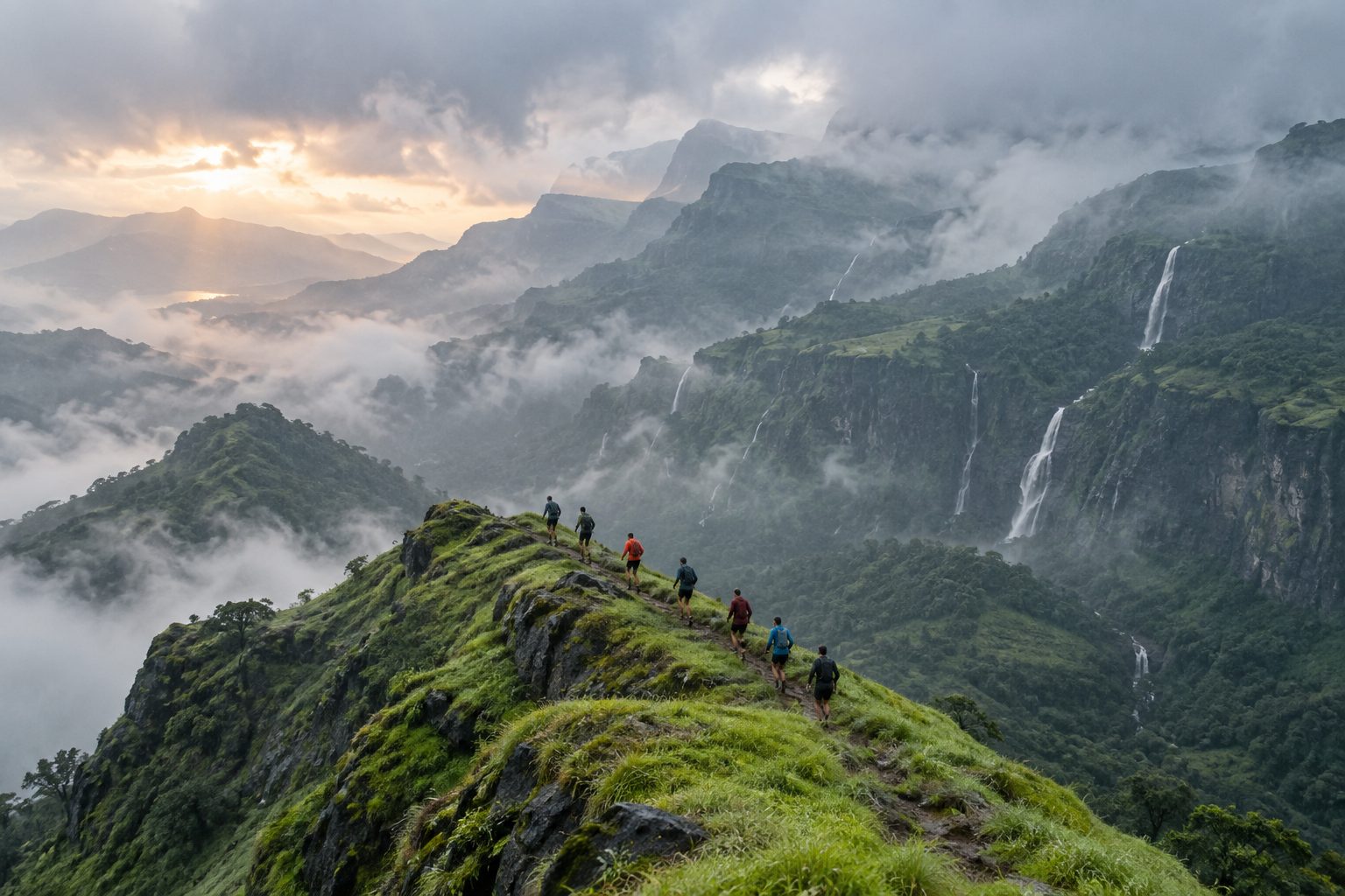 A small group of runners climbing a green ridge in the Western Ghats