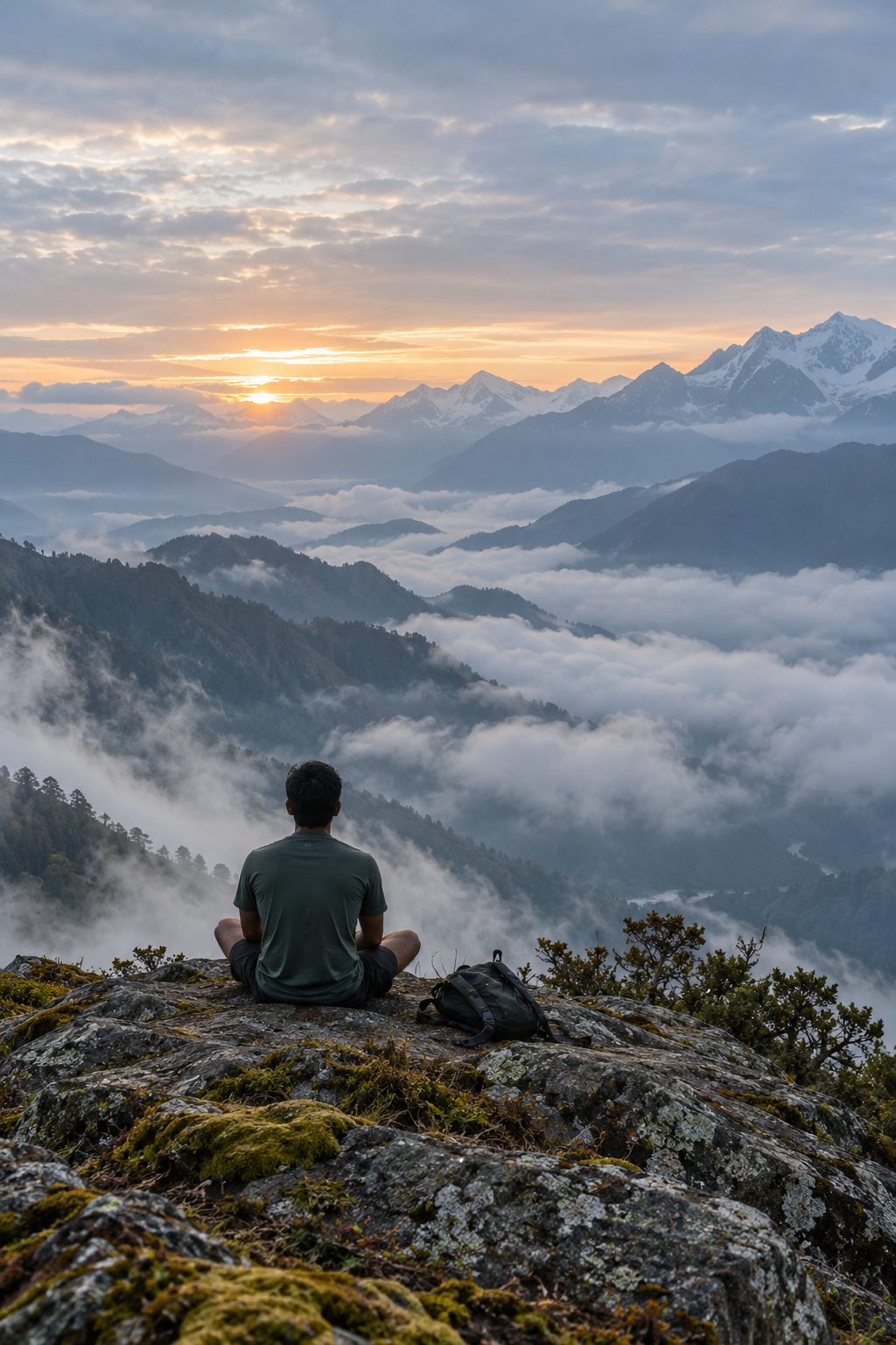 A runner sitting still on a summit rock, facing a valley of cloud